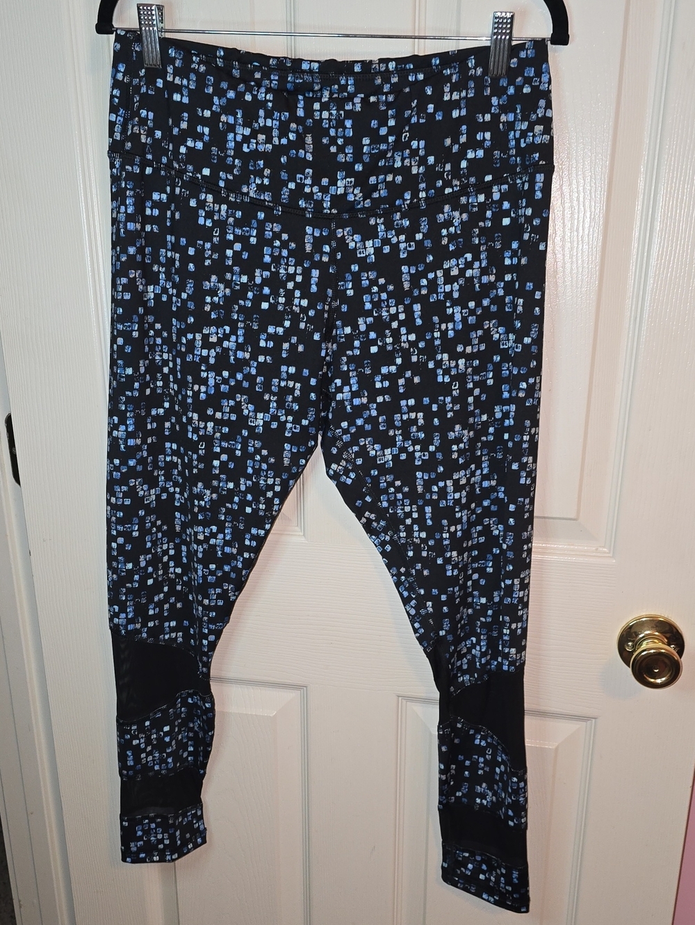 ZELOS Black Leggings with Light Blue Square Print